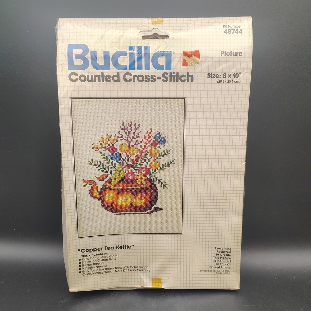 Vintage Bucilla Copper Tea Kettle Counted Cross Stitch Kit Fall 8x10 Country